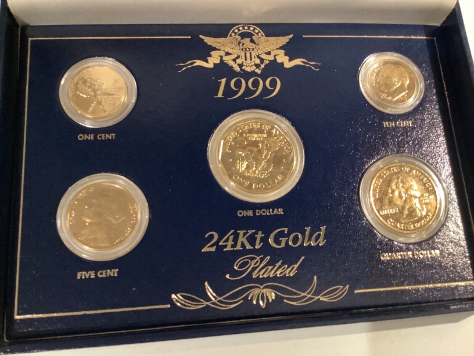 1999 24kt Gold Plated US Mint Proof 5 Coin Set Uncirculated Display Box A10.20 Grand Rapids Coins